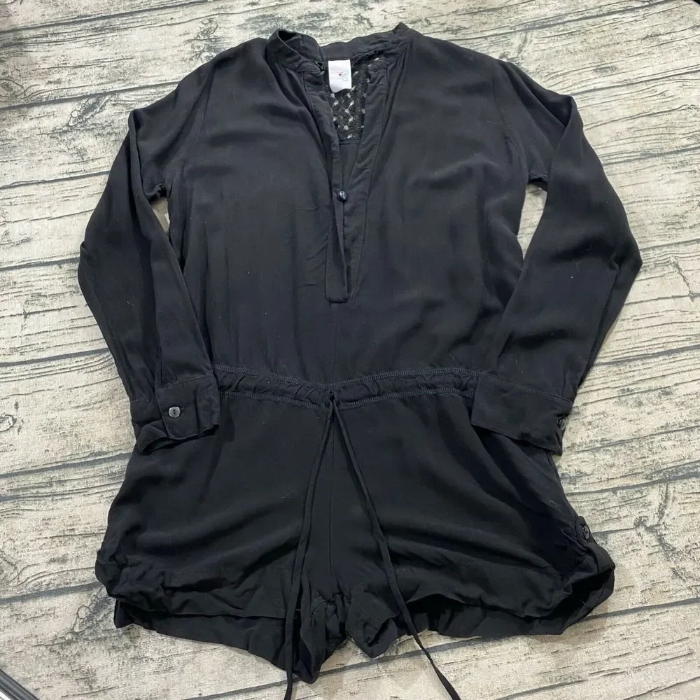 Tylie Malibu‎ Womens S Romper Jumpsuit Black Long Sleeve Drawstring One Piece